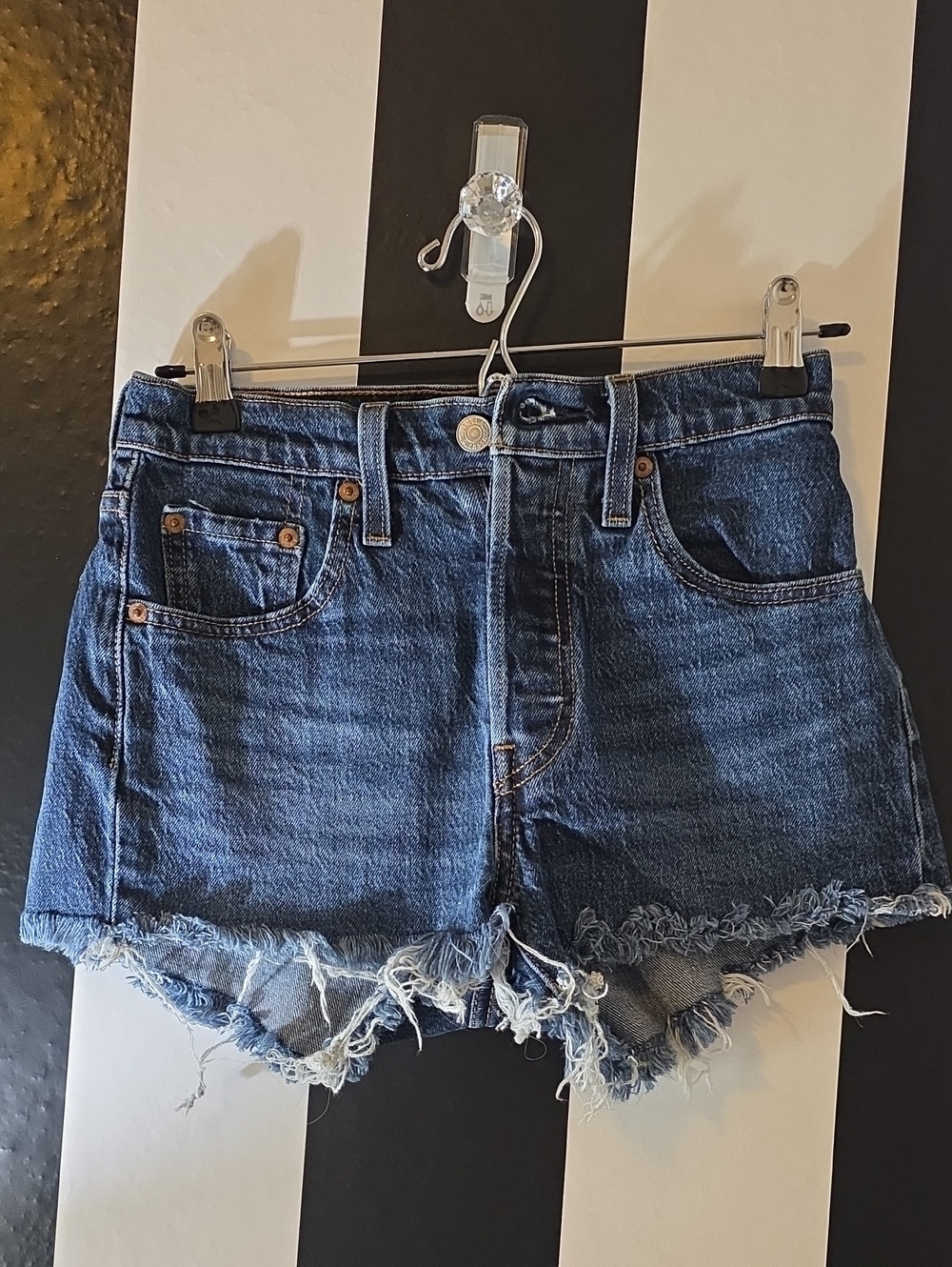 Levi's Dark Blue Frayed Hem Denim Shorts